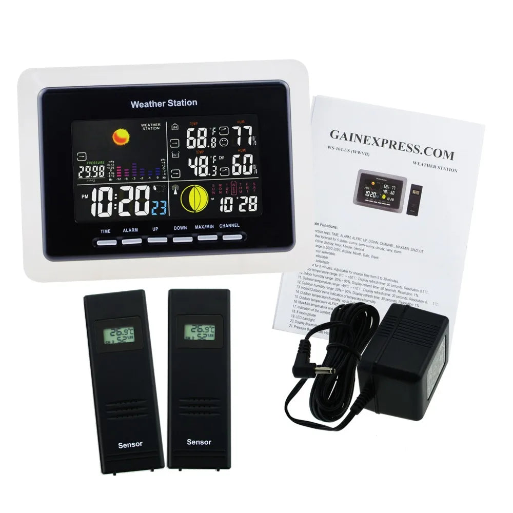 Wireless Weather Station WWVB/DCF77 RCC Indoor Outdoor Temperature Thermometer With 2 Sensors Air Presurre Trend Indicator