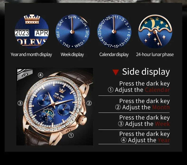 OLEVS 6695 Top New Luxury Men's Watch Full Diamond Multifunctional Dial Leather Strap Calendar Week Moon Phase Waterproof Clock