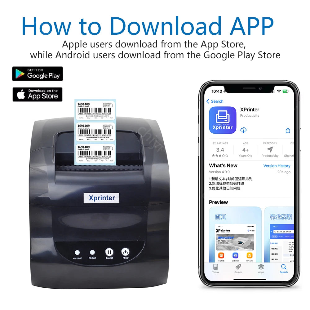 XP-365B Thermal Label Printer 20-80mm Print Range Supports Android Windows 203dpi for Waybill Barcode Sticker Receipt ROHS