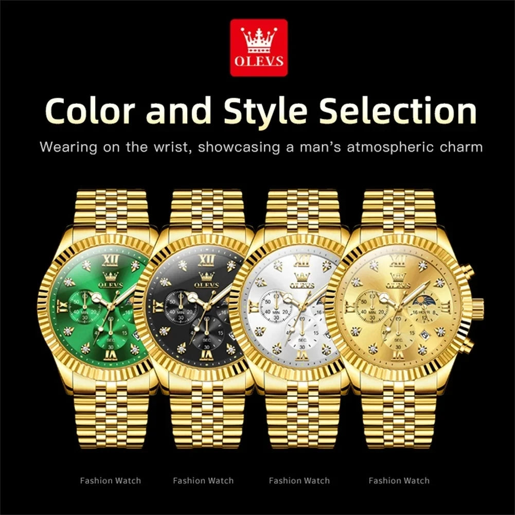 OLEVS 2932 Men's Fashion Full Gold Timing Second Display Auto Date Calendar 30M Life Waterproof Luminous Hands Watch Watches