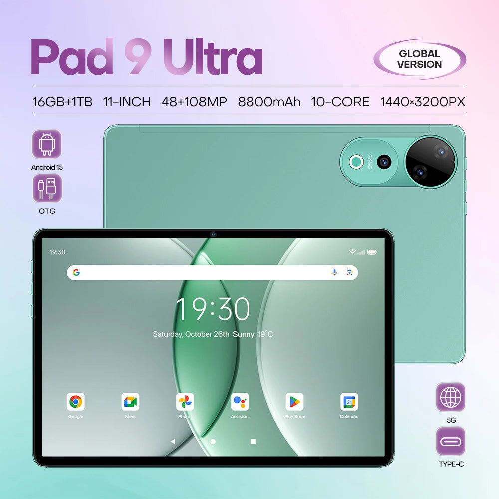 11-Inch 9 Ultra Pad for Business Entertainment Android 15 Tablet PC 4G 5G Octa Processor 16GB+1TB HD Display Resolution Global