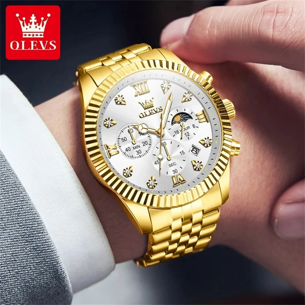 OLEVS 2932 Men's Fashion Full Gold Timing Second Display Auto Date Calendar 30M Life Waterproof Luminous Hands Watch Watches