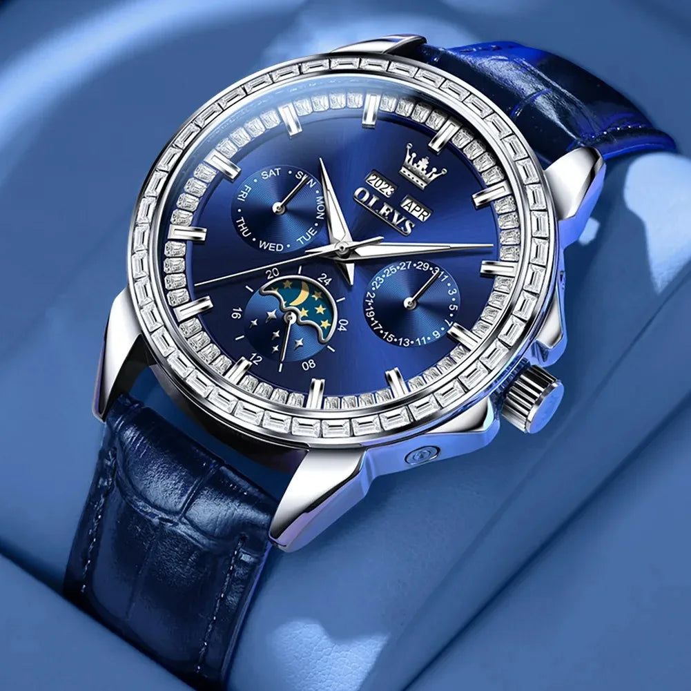 OLEVS 6695 Top New Luxury Men's Watch Full Diamond Multifunctional Dial Leather Strap Calendar Week Moon Phase Waterproof Clock