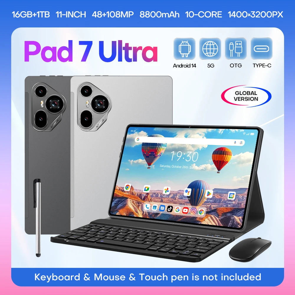 11 Inch New Pad 7 Ultra Tablet PC MTK Octa Core Processor 16GB+1TB Android14 4G+3G+GSM Network 1400*3200 Capacitive Screen