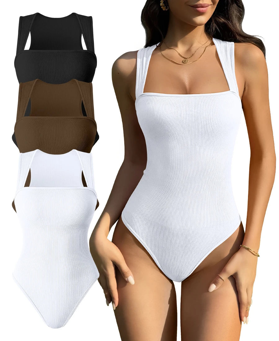 Hot Sale Sleeveless Square Neck Wide Shoulder Strap Seamless Women's Fitness Bodysuits