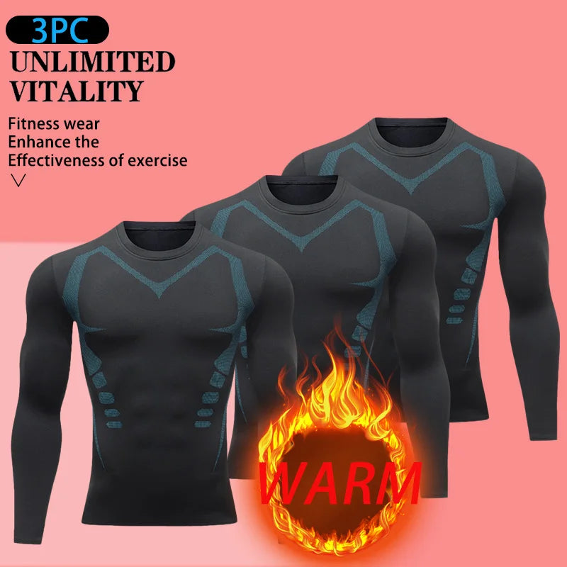 USA Warehouse 3 Pack Men's Thermal Compression Shirt Fleece Lined Long Sleeve Athletic Base Layer Cold Weather Gear Workout Top
