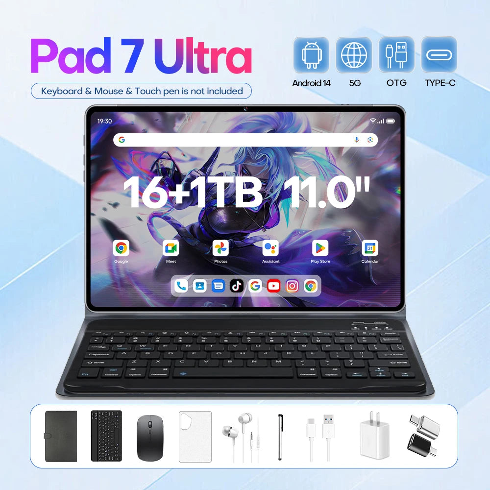 11 Inch New Pad 7 Ultra Tablet PC MTK Octa Core Processor 16GB+1TB Android14 4G+3G+GSM Network 1400*3200 Capacitive Screen