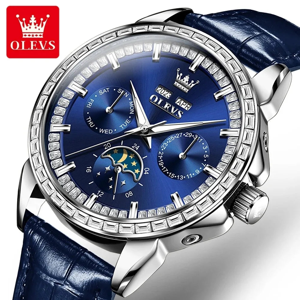 OLEVS 6695 Top New Luxury Men's Watch Full Diamond Multifunctional Dial Leather Strap Calendar Week Moon Phase Waterproof Clock