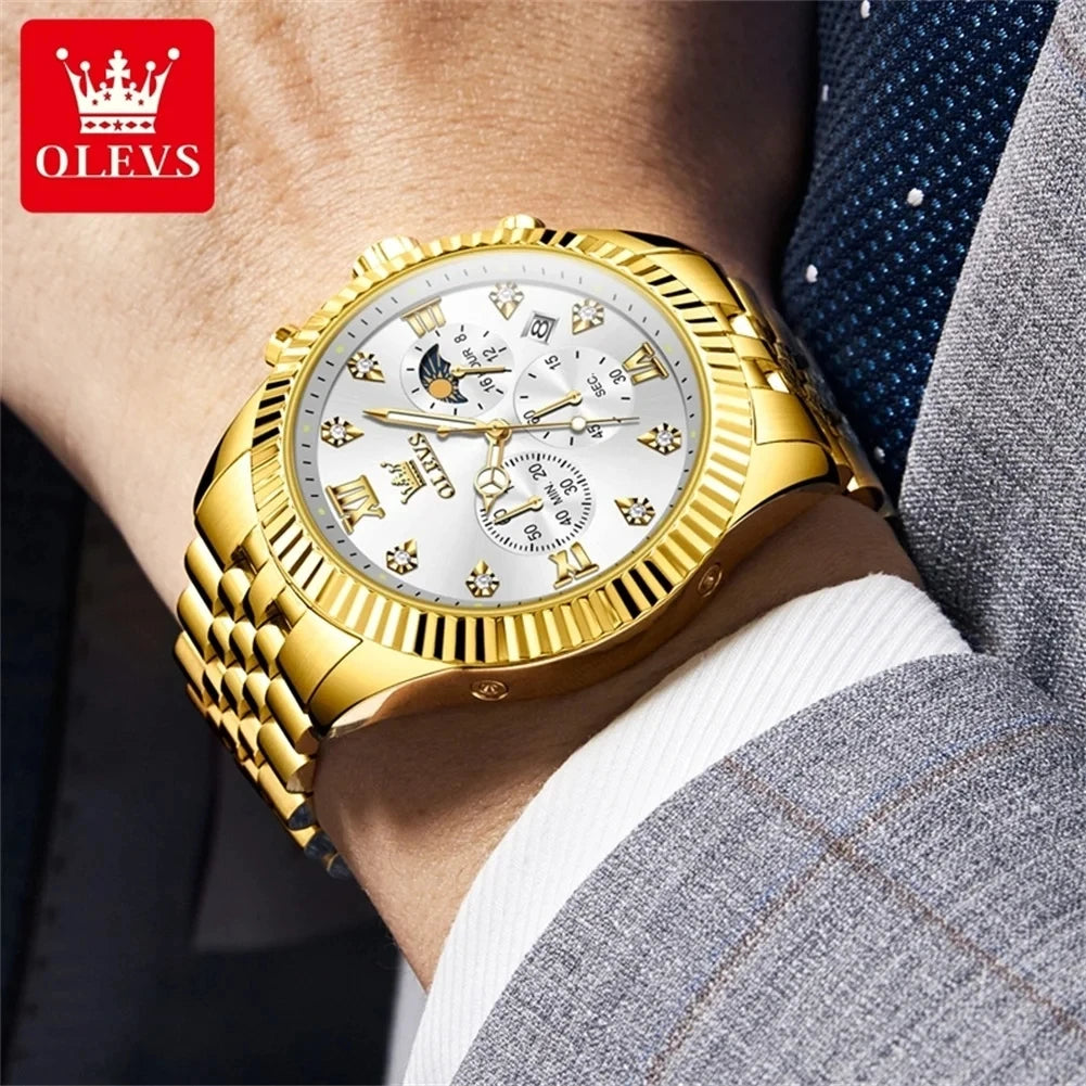 OLEVS 2932 Men's Fashion Full Gold Timing Second Display Auto Date Calendar 30M Life Waterproof Luminous Hands Watch Watches