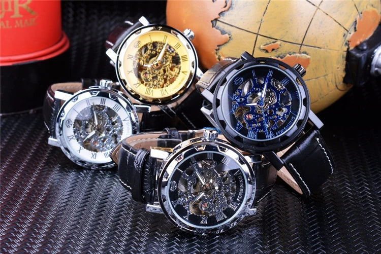 FORSINING GMT1043 Mechanical Skeleton Watch Men Fashion Casual Watch Hand Wind Dynamic Clocks Leather Bracelet Mens Wristwatches