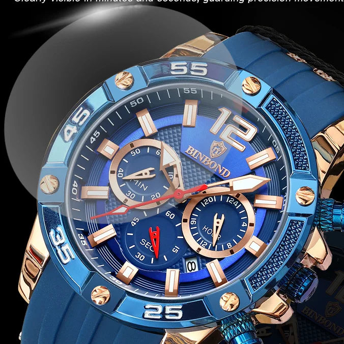 Binbond B9798 9798 3ATM Waterproof High Quality Quartz Movement Stainless Men's Silicone Strap Watch Date Luminous Hands Watches