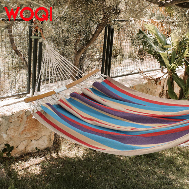 WOQI  Portable Anti Rollover Outdoor Swing Canvas Hammock with Curved Wooden Sticks
