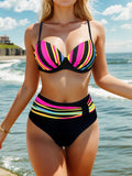 Striped Print Multicolor Bikini Swimsuit Women'S Two-Piece Set Easy Fashion Swimwear Hot Item