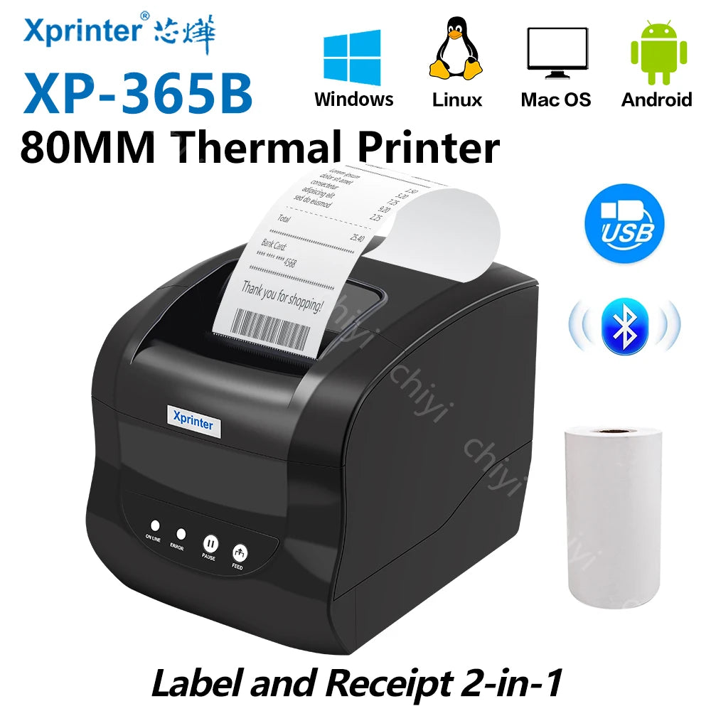 XP-365B Thermal Label Printer 20-80mm Print Range Supports Android Windows 203dpi for Waybill Barcode Sticker Receipt ROHS