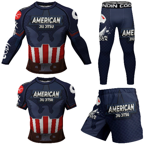 A 4-piece USA-themed jiu-jitsu training kit including a long-sleeve rash guard, leggings, and shorts, displayed in front and back views. The design features a dark navy blue background with a stylized eagle, red and white vertical stripes, and 'AMERICAN JIU JITSU' printed across the chest.