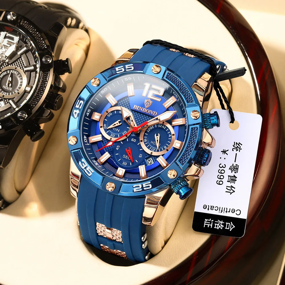 Binbond B9798 9798 3ATM Waterproof High Quality Quartz Movement Stainless Men's Silicone Strap Watch Date Luminous Hands Watches