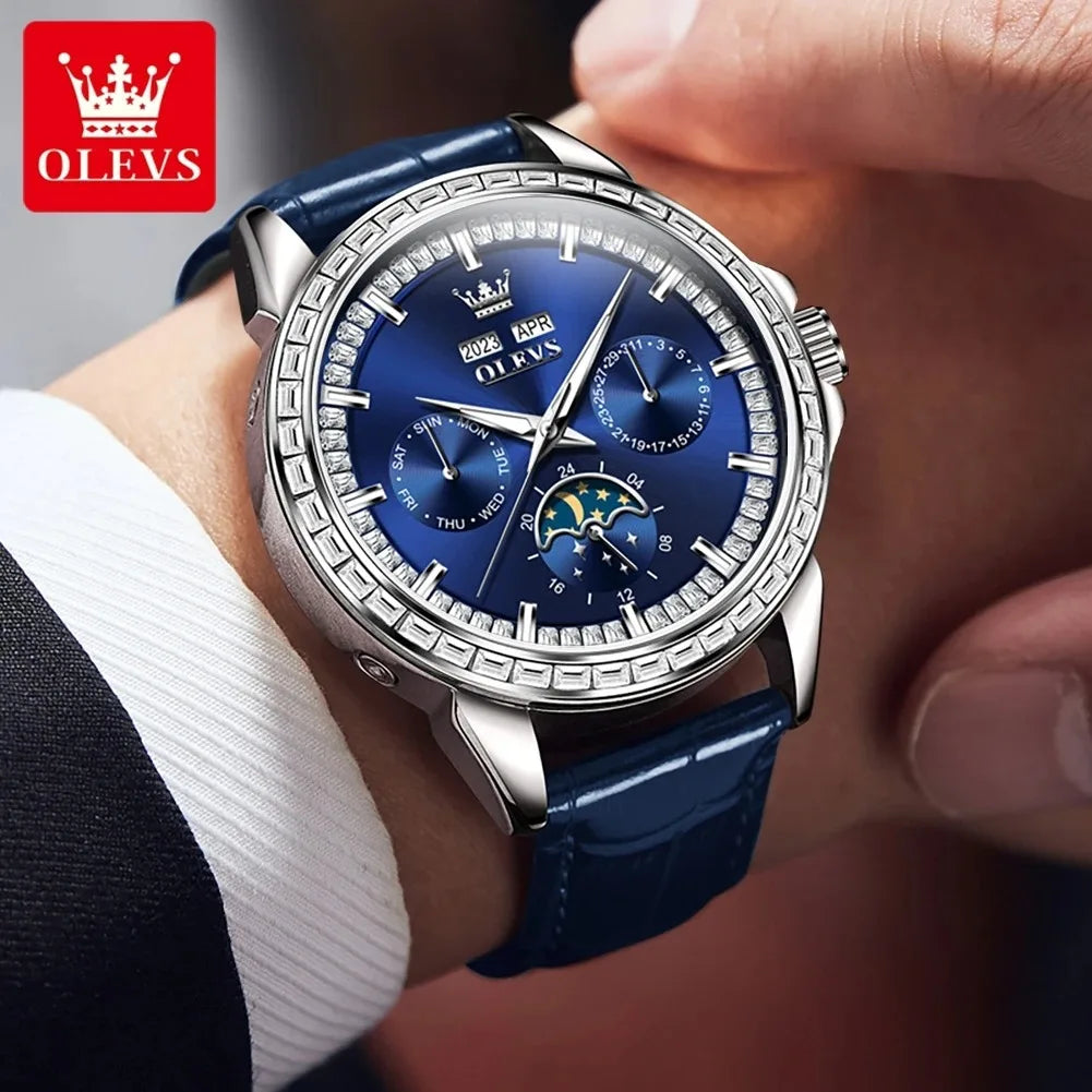 OLEVS 6695 Top New Luxury Men's Watch Full Diamond Multifunctional Dial Leather Strap Calendar Week Moon Phase Waterproof Clock