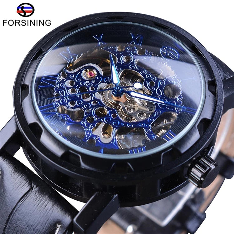 FORSINING GMT1043 Mechanical Skeleton Watch Men Fashion Casual Watch Hand Wind Dynamic Clocks Leather Bracelet Mens Wristwatches