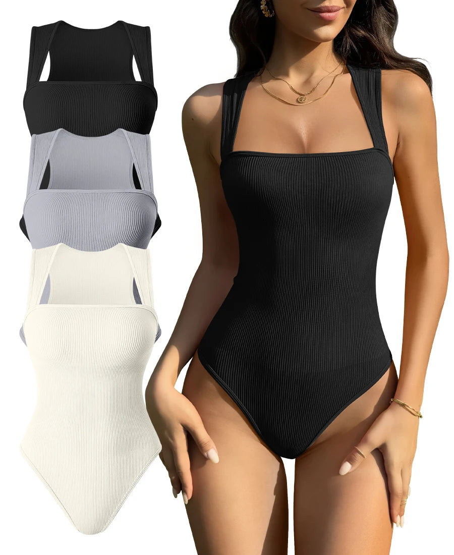 Hot Sale Sleeveless Square Neck Wide Shoulder Strap Seamless Women's Fitness Bodysuits
