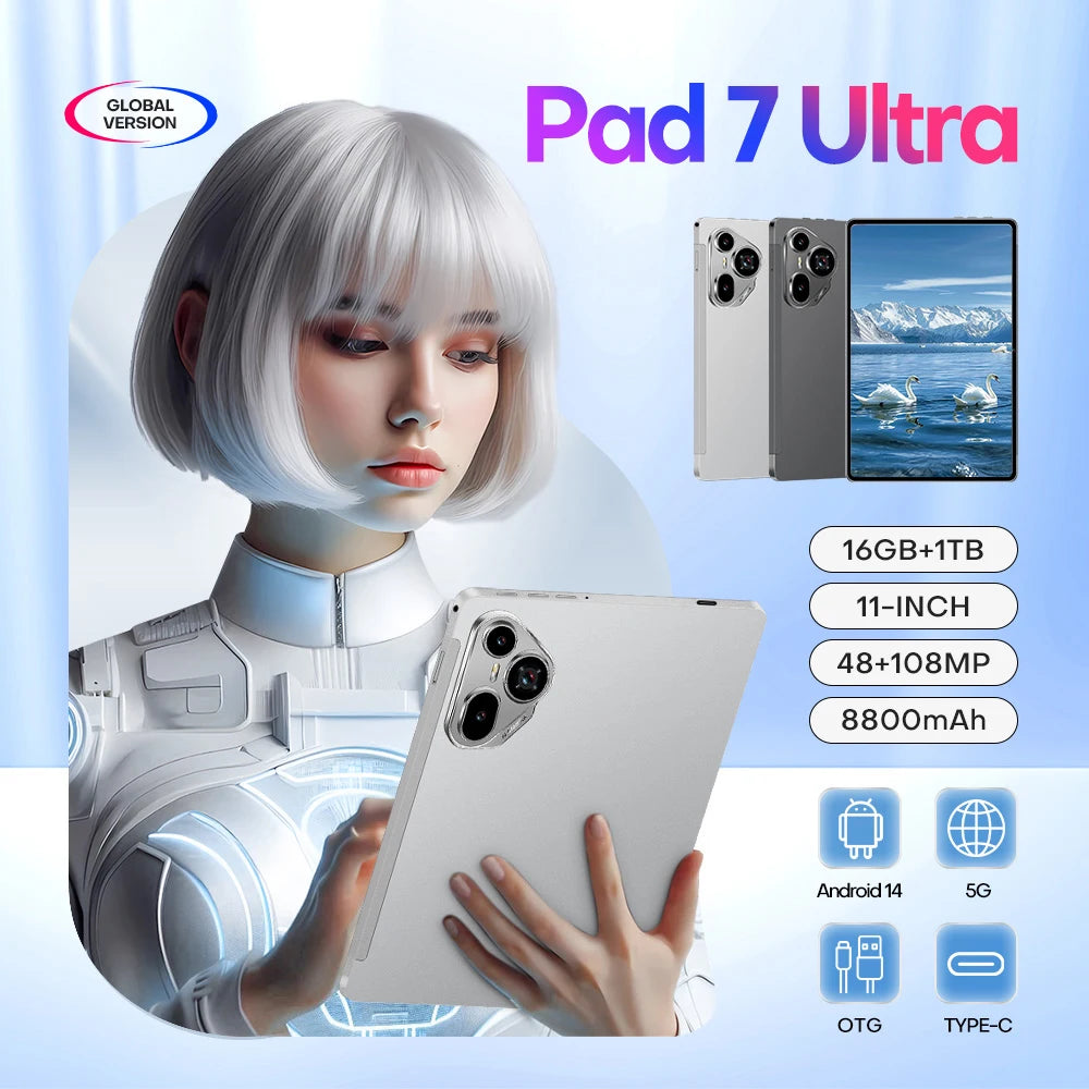 11 Inch New Pad 7 Ultra Tablet PC MTK Octa Core Processor 16GB+1TB Android14 4G+3G+GSM Network 1400*3200 Capacitive Screen