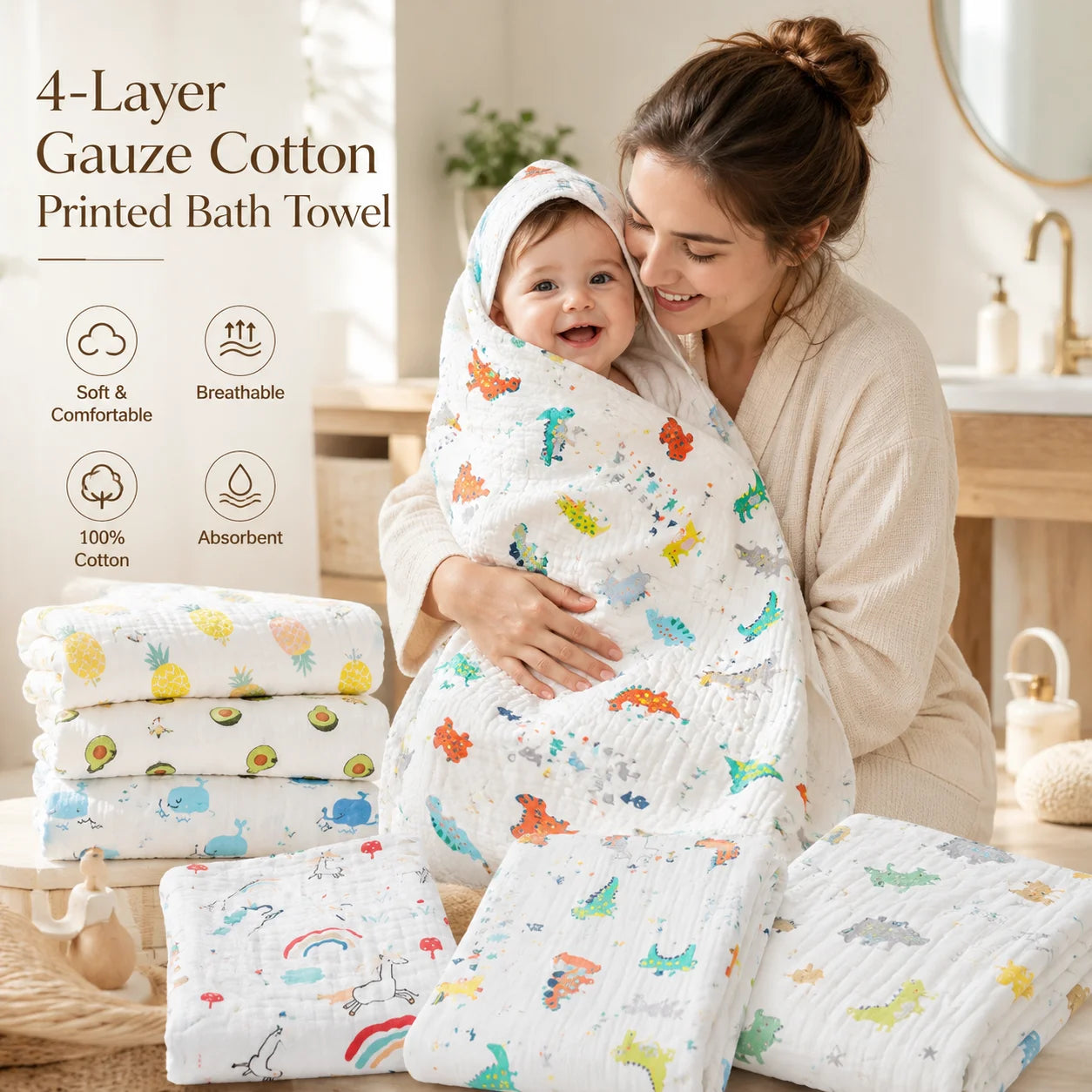 Baby Bath Towel Pure Cotton Gauze Absorbent Newborn Blanket Newborn Baby Shower Bag Children's Towel Soft