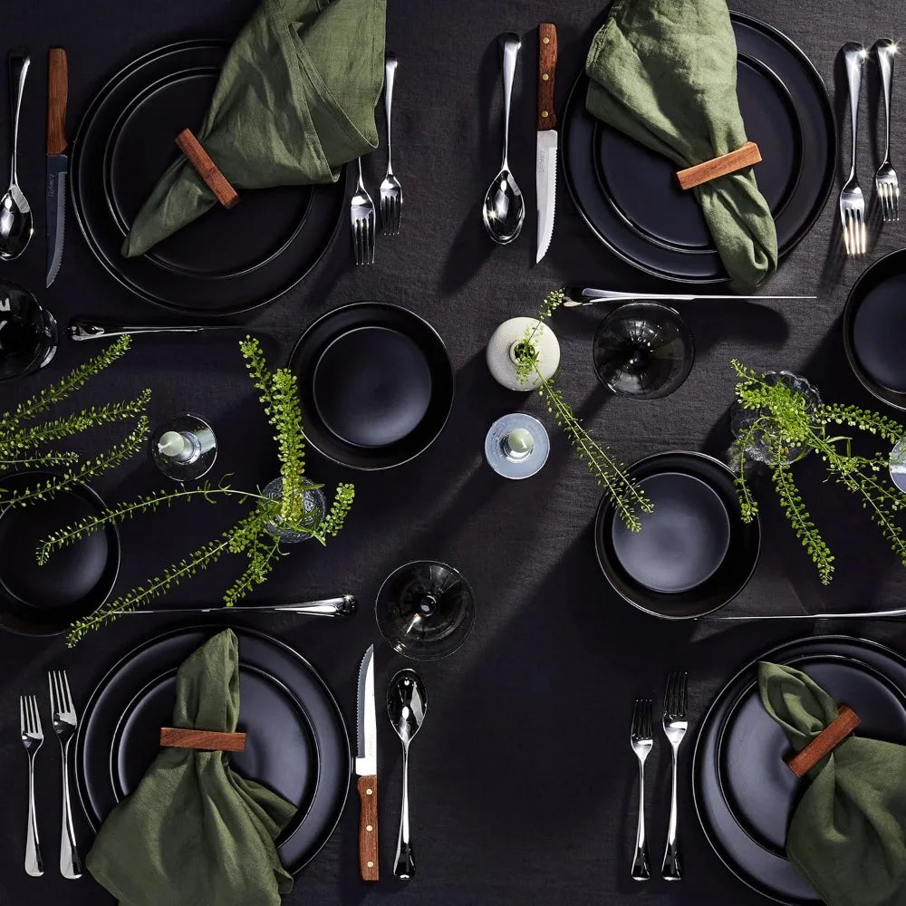 16-piece ceramic tableware set, 4-piece set, black plate and bowl tableware set, dishwasher-cleaned, microwaveable, black matte