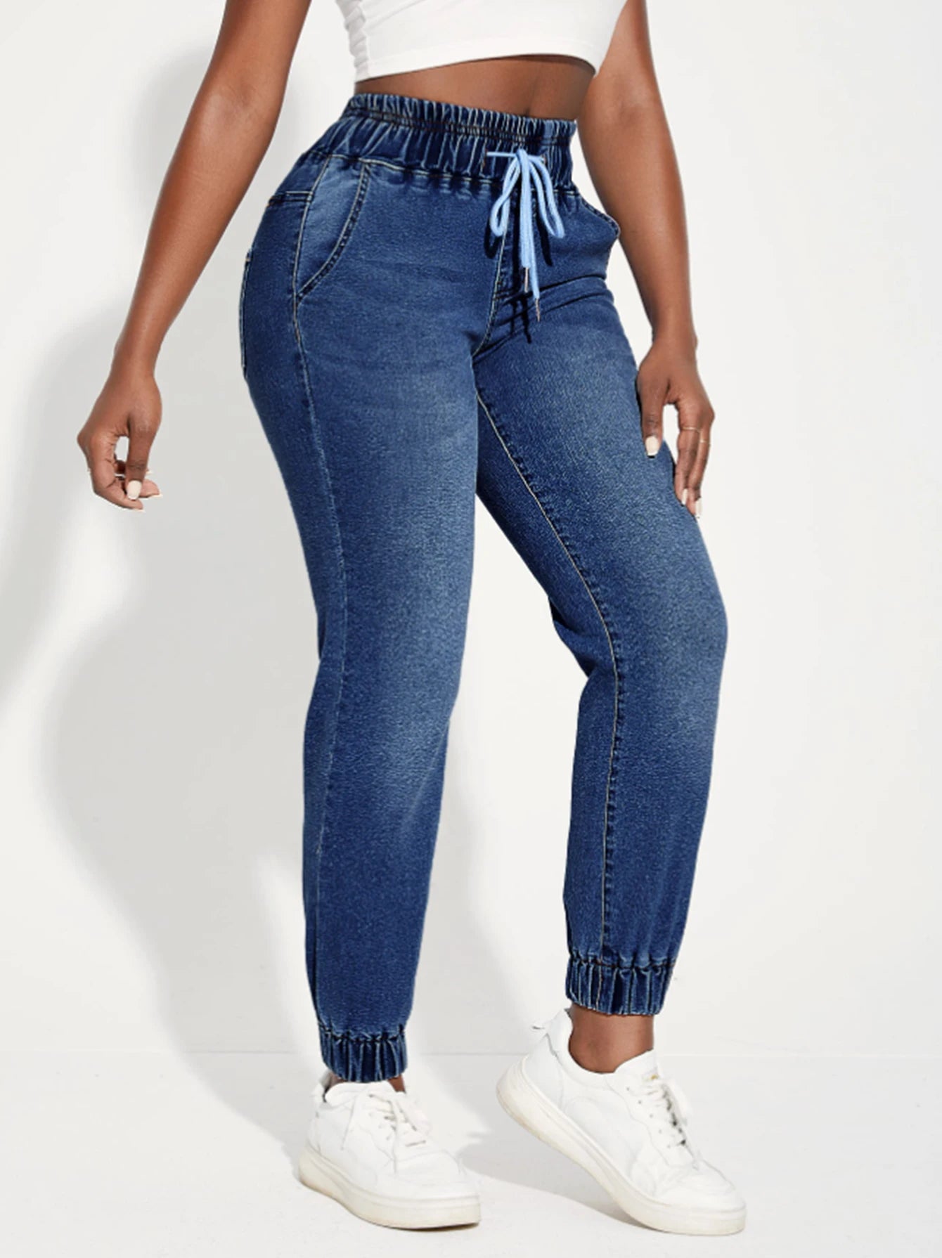 Women's jeans, elastic waistband drawstring sport-style stretch denim pants