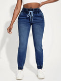 Women's jeans, elastic waistband drawstring sport-style stretch denim pants