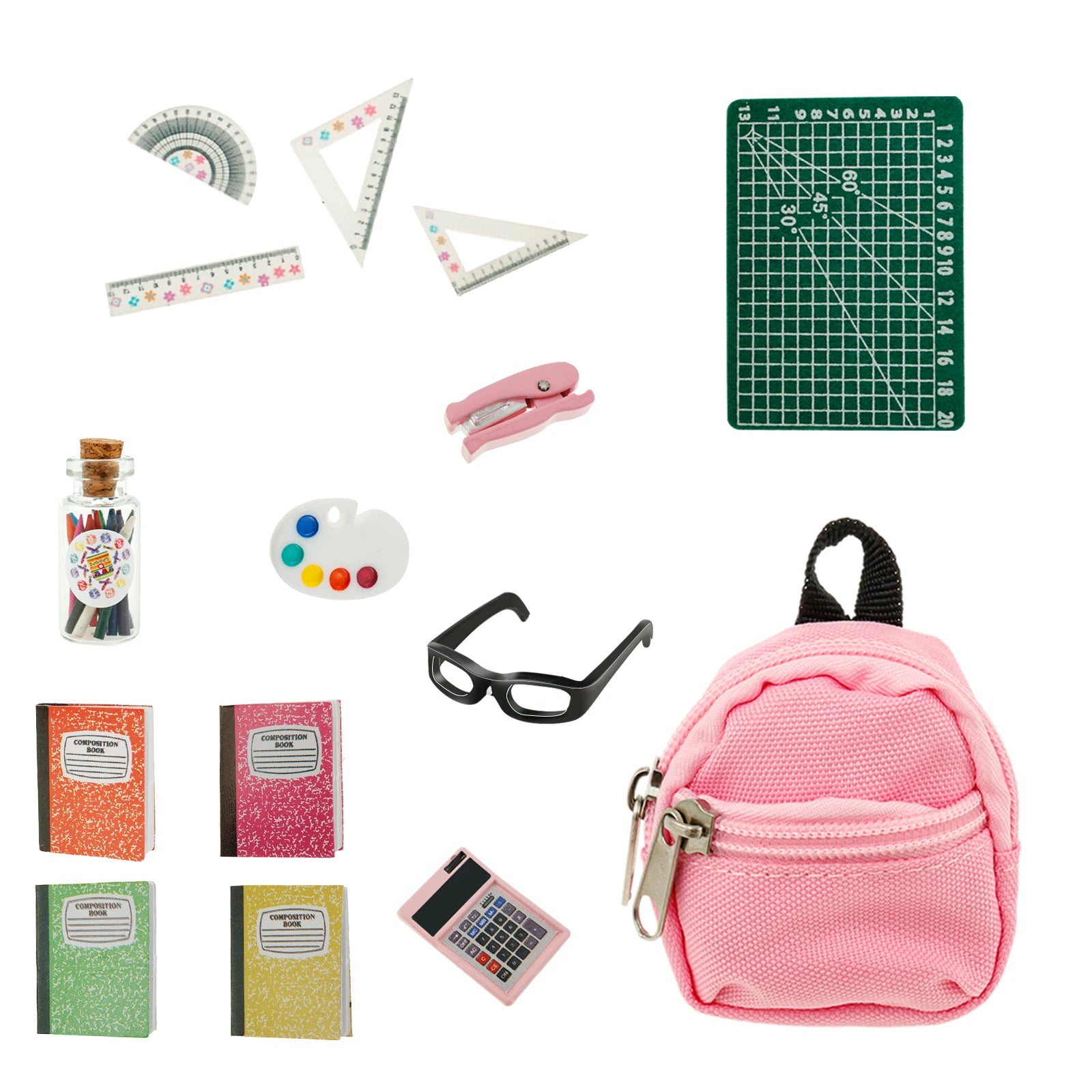 Mini School Supplies Doll School Supplies with Schoolbag Blackboard Pencil Holder Drawing Board Ruler and More Doll Accessories