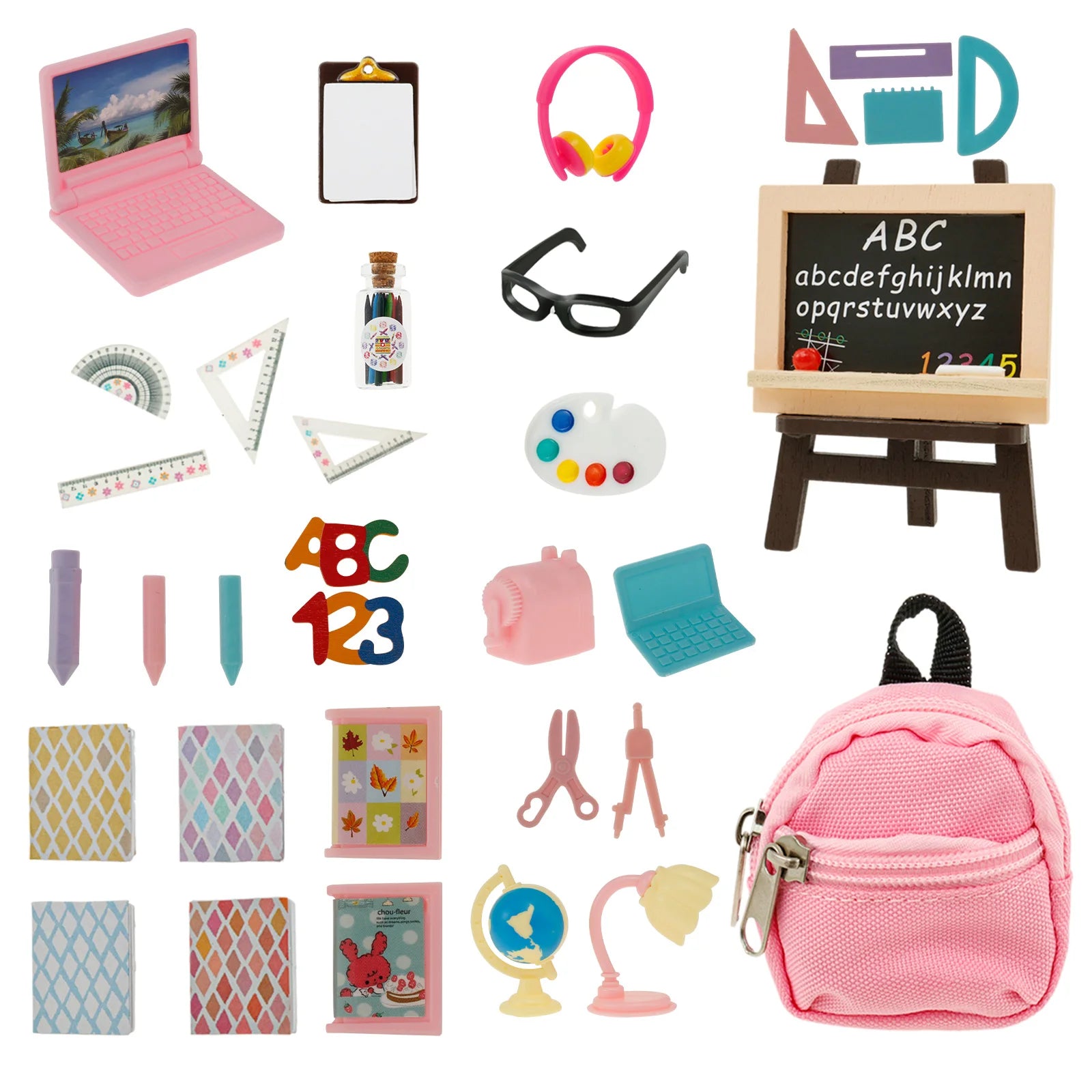 Mini School Supplies Doll School Supplies with Schoolbag Blackboard Pencil Holder Drawing Board Ruler and More Doll Accessories