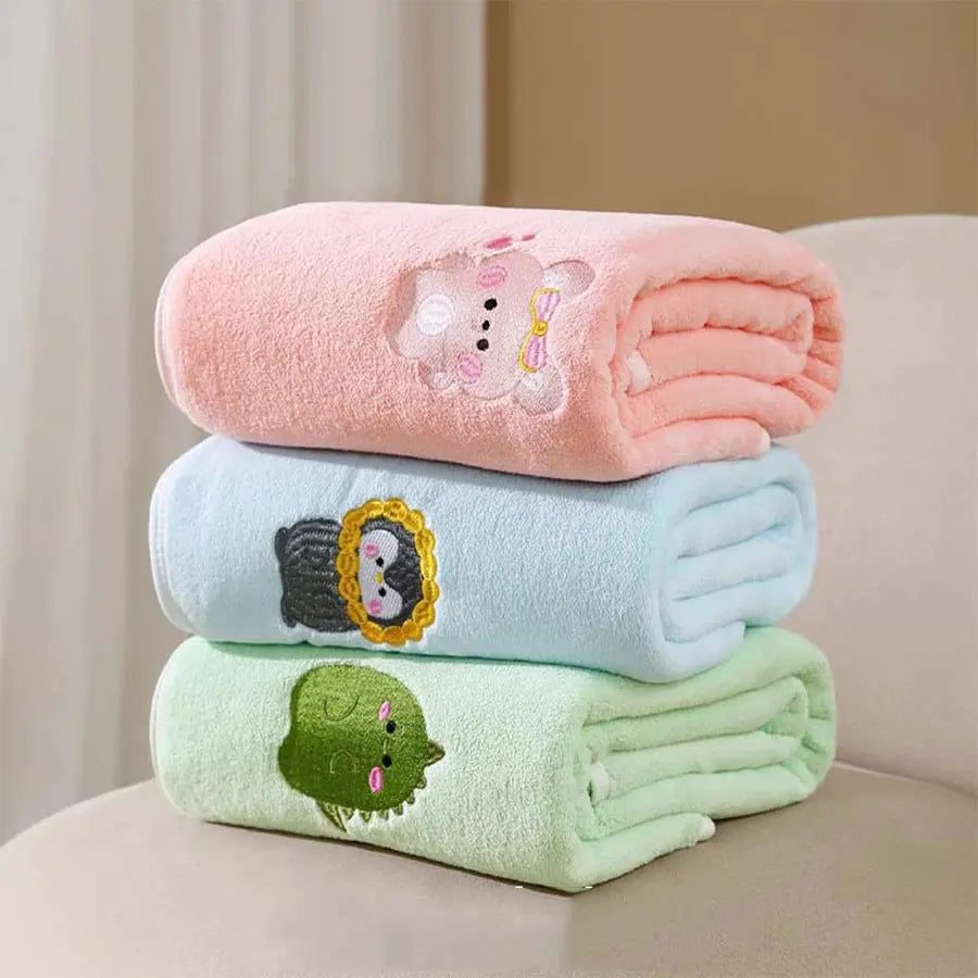 Baby Bath Towel Infant Swaddle Blanket Wrap Kids Cute Animal Embroidered Fleece Blanket Children's Soft Bathrobe Kids Blanket