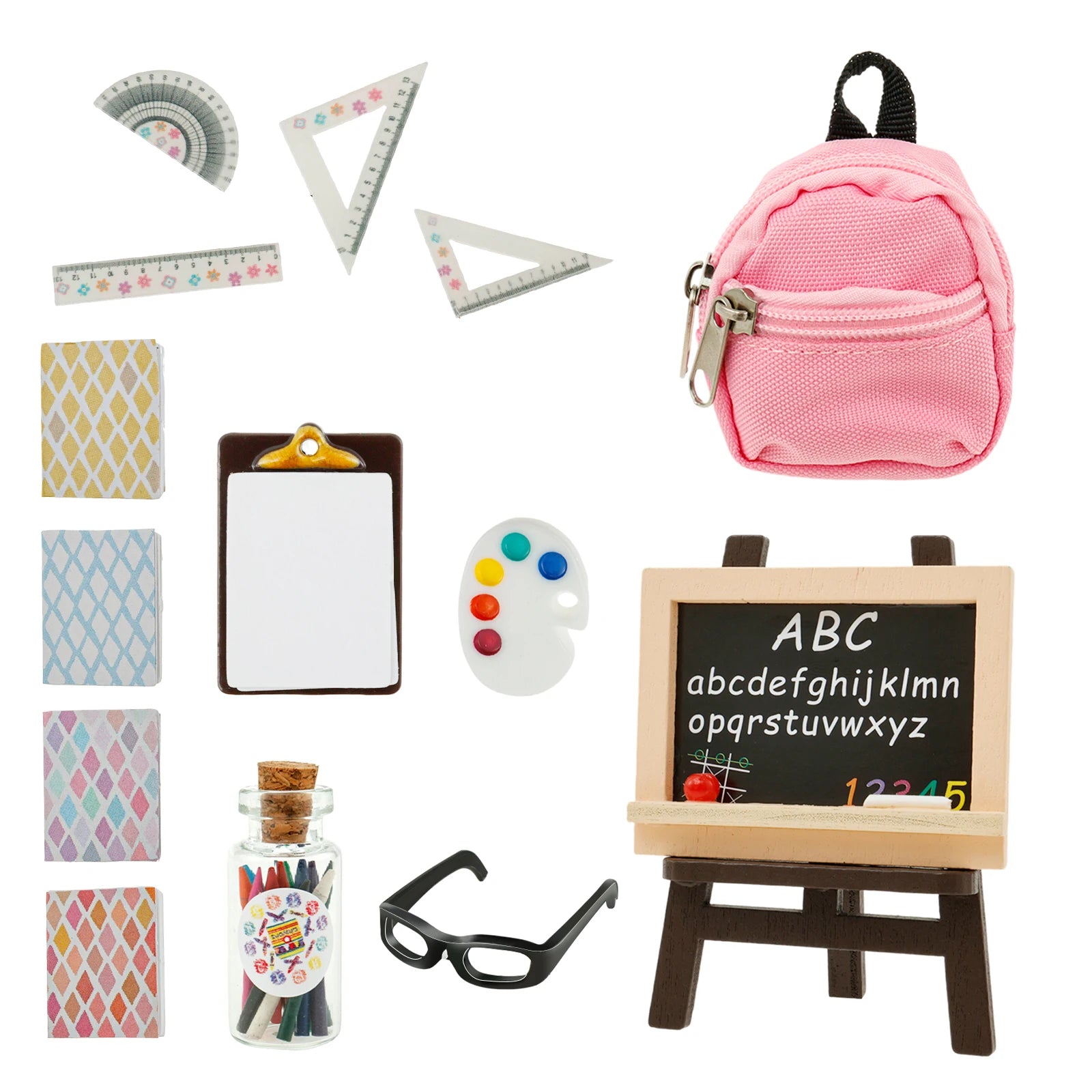 Mini School Supplies Doll School Supplies with Schoolbag Blackboard Pencil Holder Drawing Board Ruler and More Doll Accessories