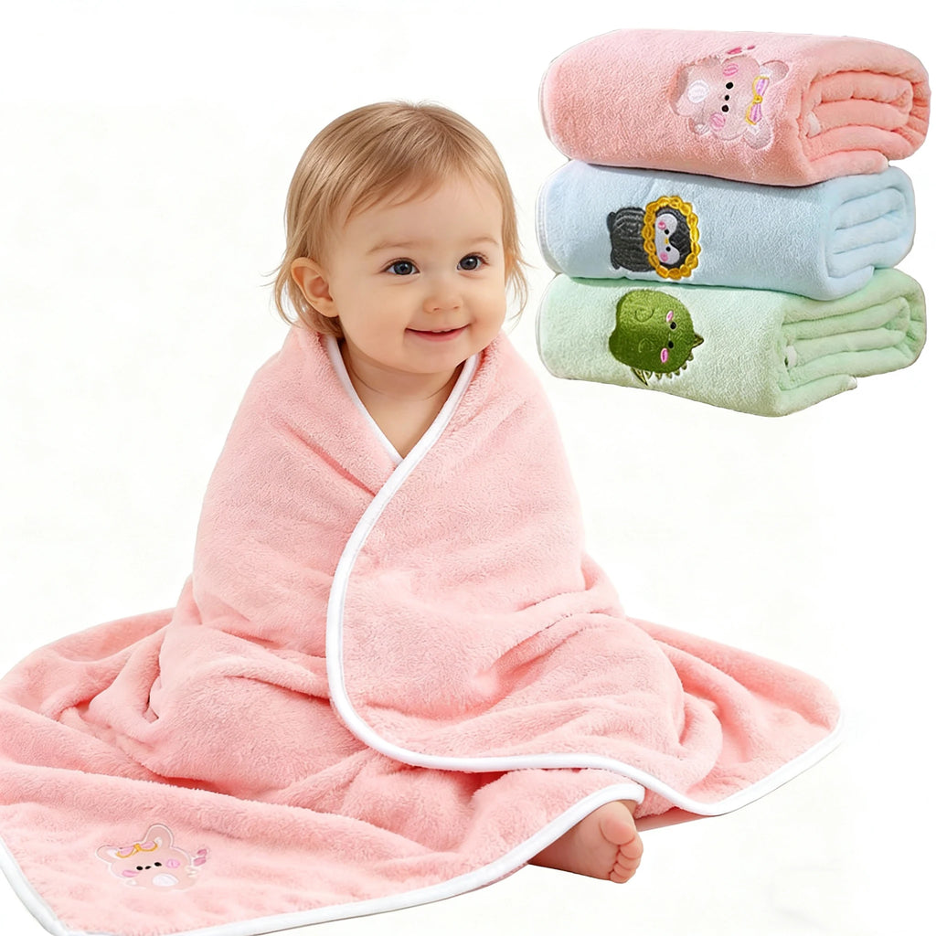 Baby Bath Towel Infant Swaddle Blanket Wrap Kids Cute Animal Embroidered Fleece Blanket Children's Soft Bathrobe Kids Blanket