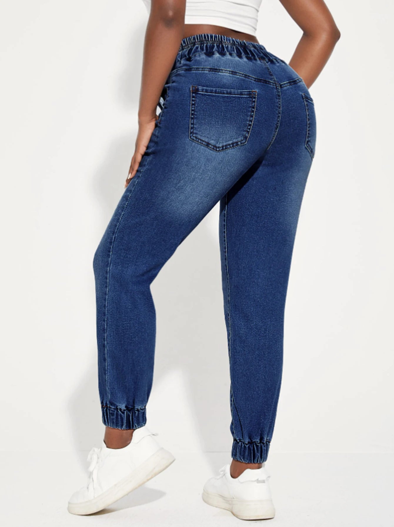 Women's jeans, elastic waistband drawstring sport-style stretch denim pants
