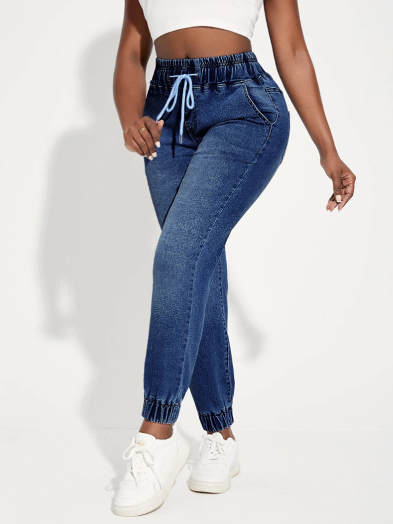 Women's jeans, elastic waistband drawstring sport-style stretch denim pants