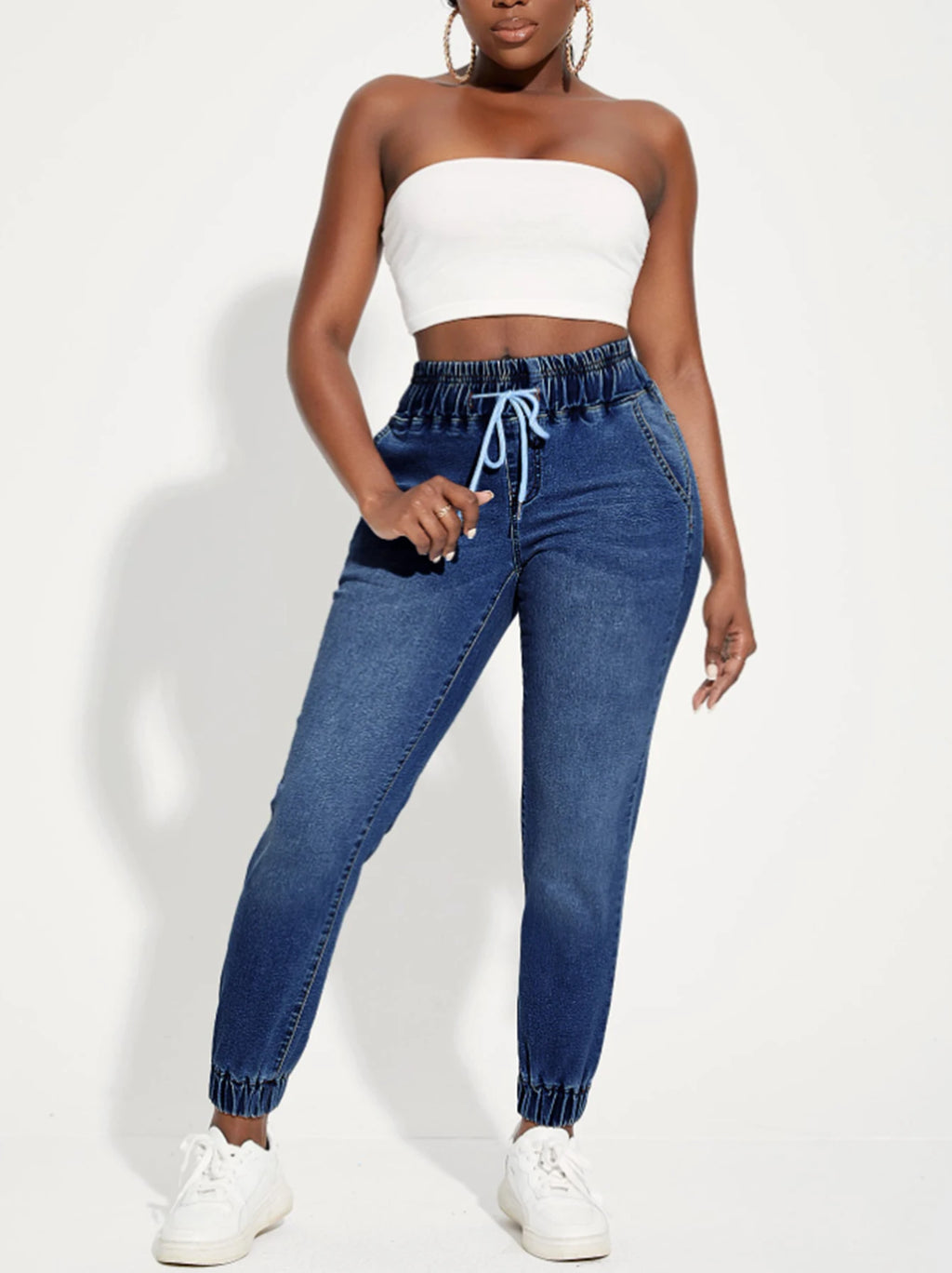 Women's jeans, elastic waistband drawstring sport-style stretch denim pants
