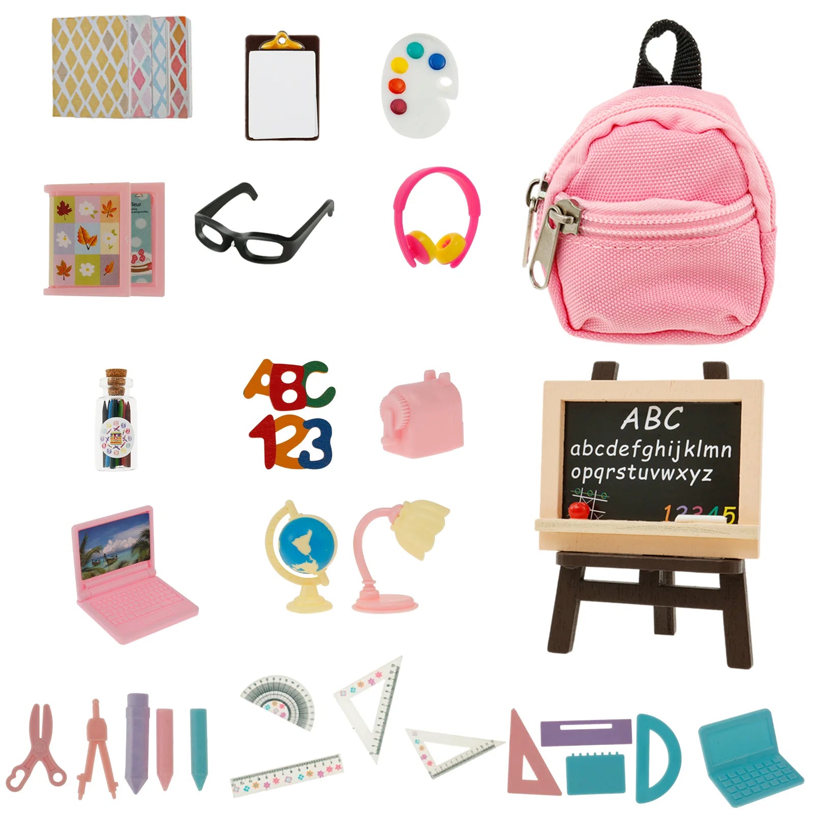 Mini School Supplies Doll School Supplies with Schoolbag Blackboard Pencil Holder Drawing Board Ruler and More Doll Accessories